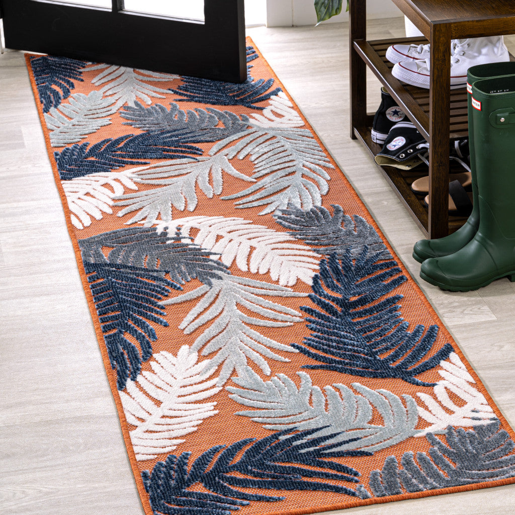 8' Orange Navy Blue And Ivory Floral Indoor Outdoor Runner Rug - GreatEagleInc