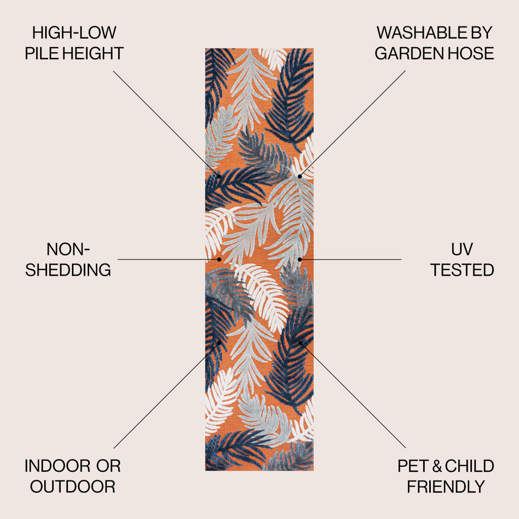 8' Orange Navy Blue And Ivory Floral Indoor Outdoor Runner Rug - GreatEagleInc