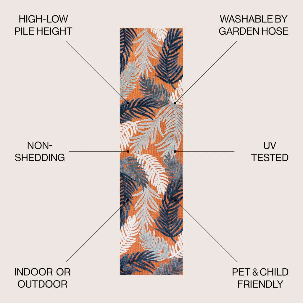 8' Orange Navy Blue And Ivory Floral Indoor Outdoor Runner Rug - GreatEagleInc