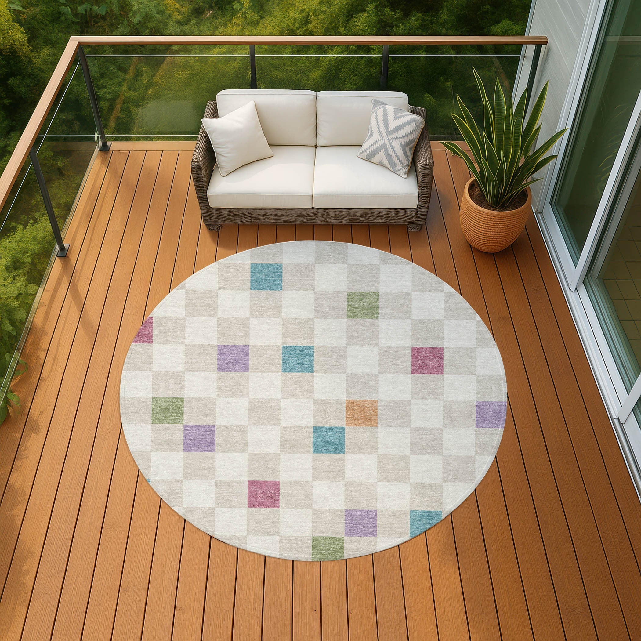 8' Pearl And Ivory Round Geometric Washable Indoor Outdoor Area Rug Homeroots Outdoor