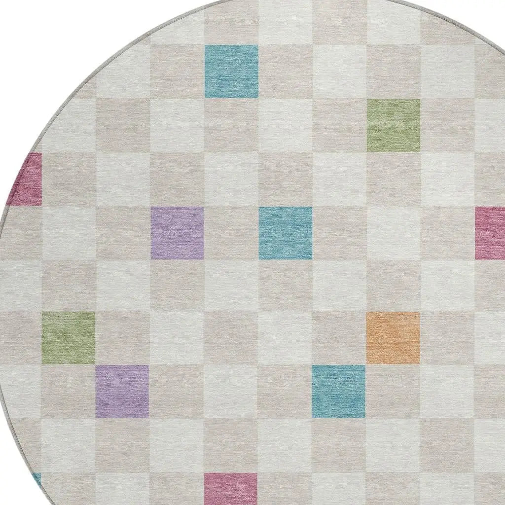 8' Pearl And Ivory Round Geometric Washable Indoor Outdoor Area Rug Homeroots Outdoor