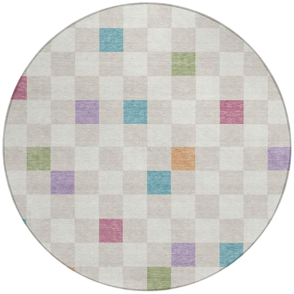 8' Pearl And Ivory Round Geometric Washable Indoor Outdoor Area Rug Homeroots Outdoor