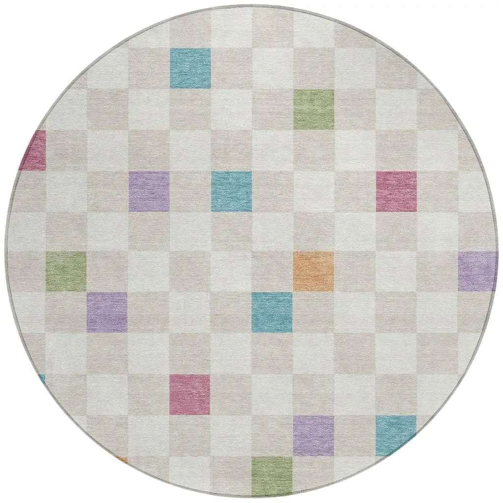 8' Pearl And Ivory Round Geometric Washable Indoor Outdoor Area Rug Homeroots Outdoor