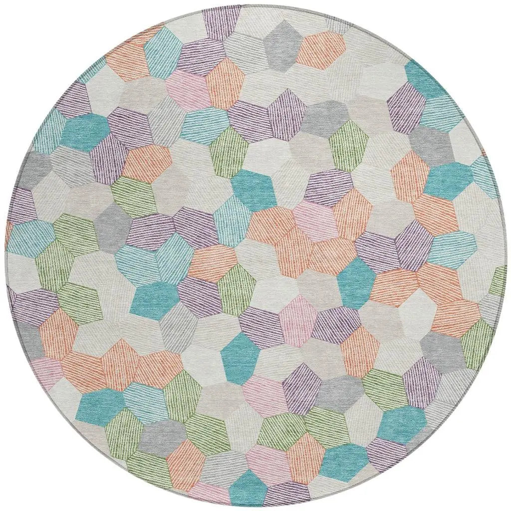 8' Pearl And Ivory Round Geometric Washable Indoor Outdoor Area Rug Homeroots Outdoor