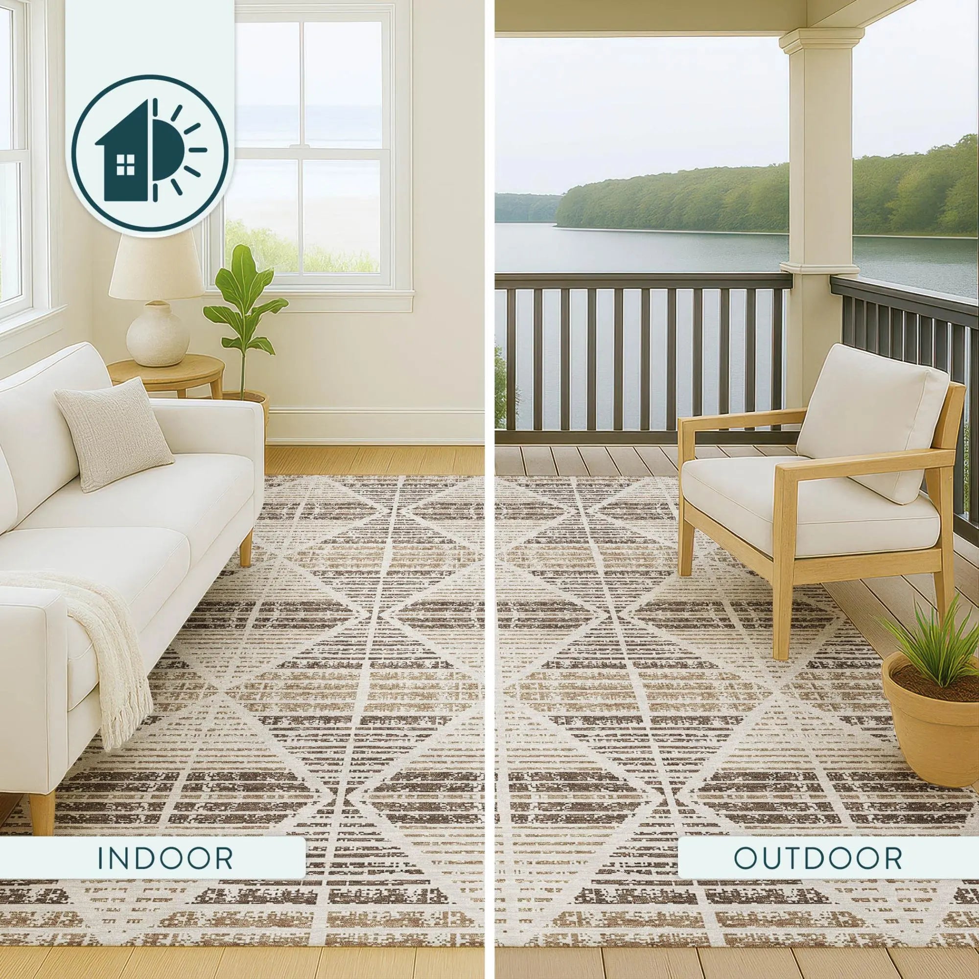 8' Pearl And Navy Blue Round Geometric Washable Indoor Outdoor Area Rug Homeroots Outdoor