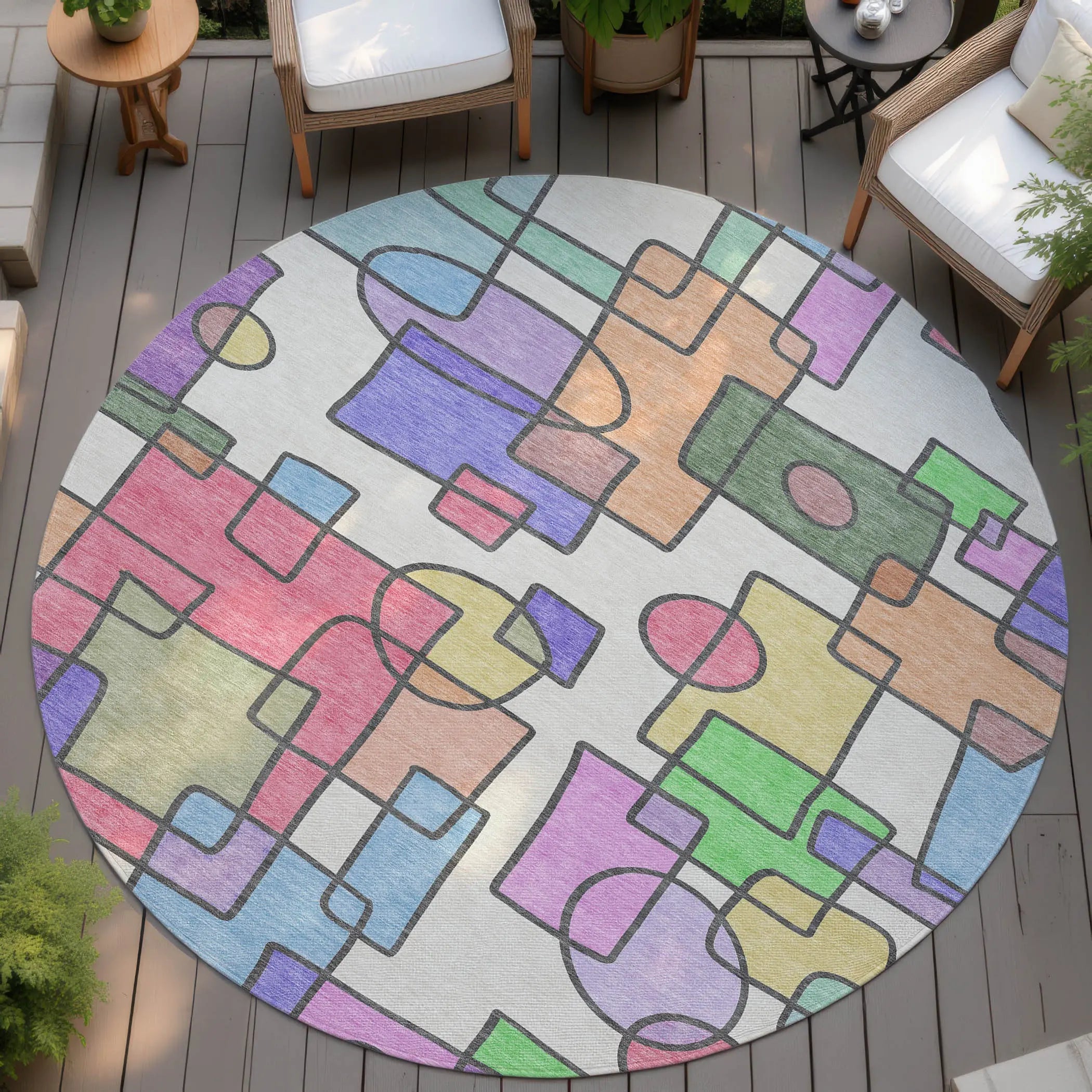 8' Pearl And Pink Round Geometric Washable Indoor Outdoor Area Rug Homeroots Outdoor