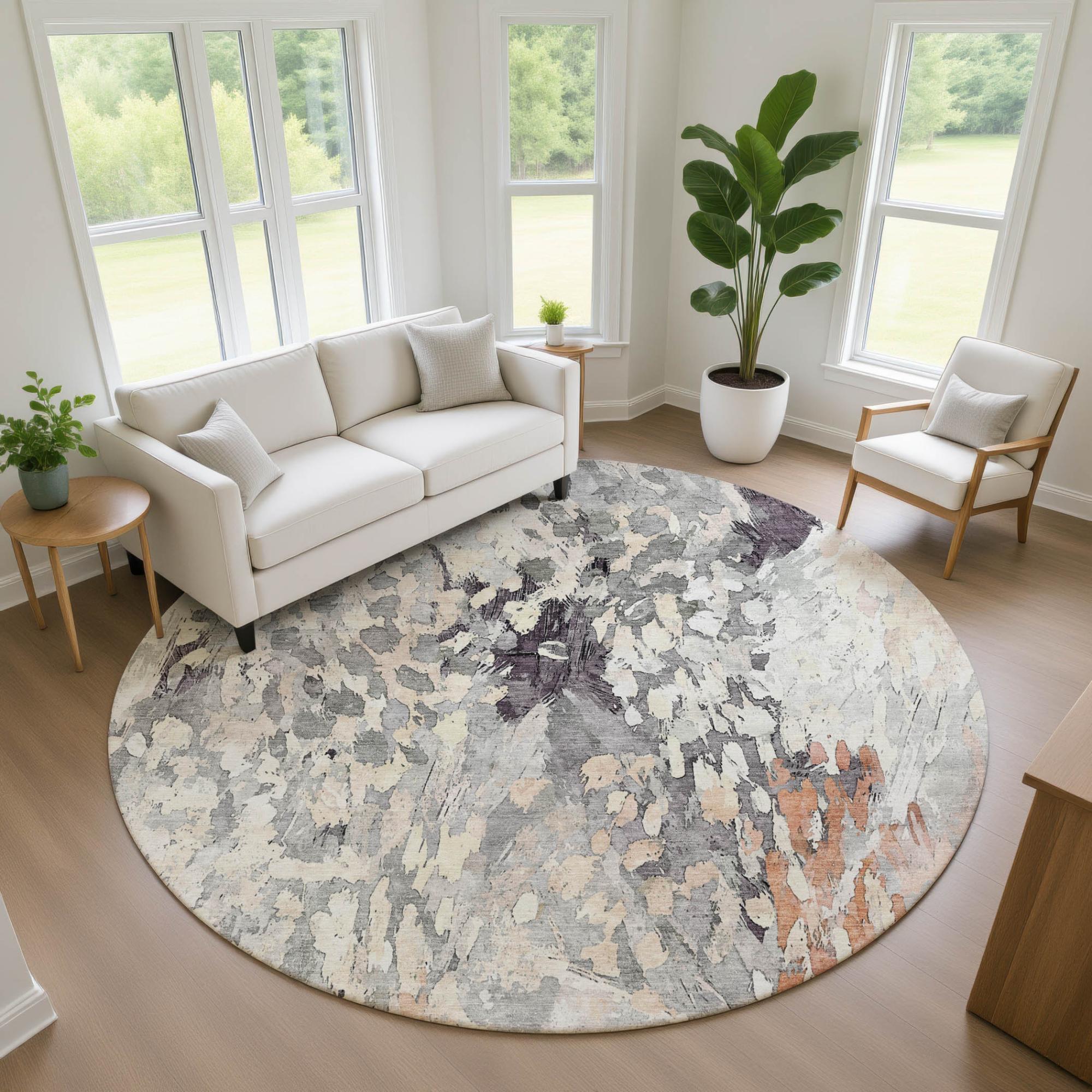 8' Pewter And Gray Round Abstract Washable Indoor Outdoor Area Rug Homeroots Outdoor