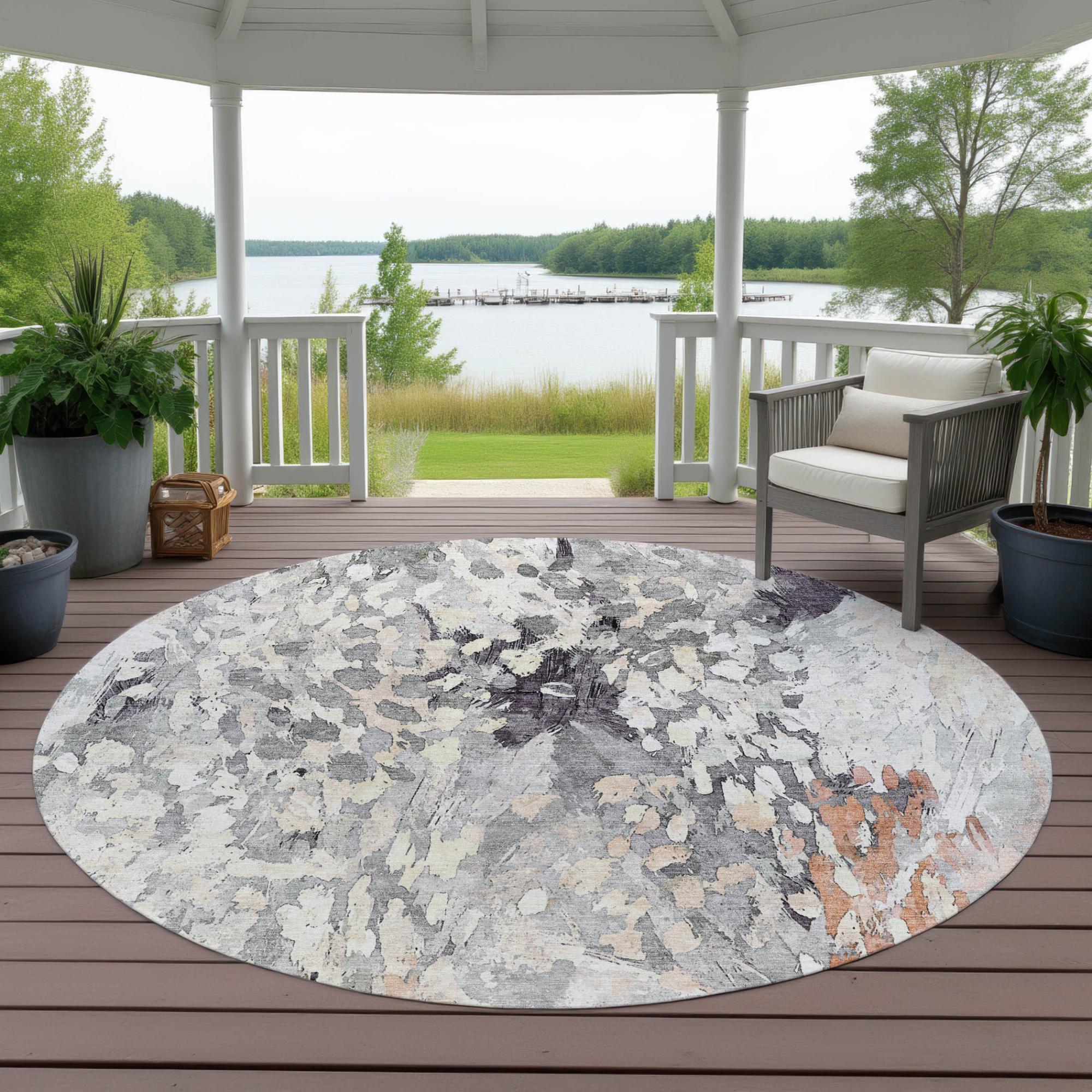 8' Pewter And Gray Round Abstract Washable Indoor Outdoor Area Rug Homeroots Outdoor