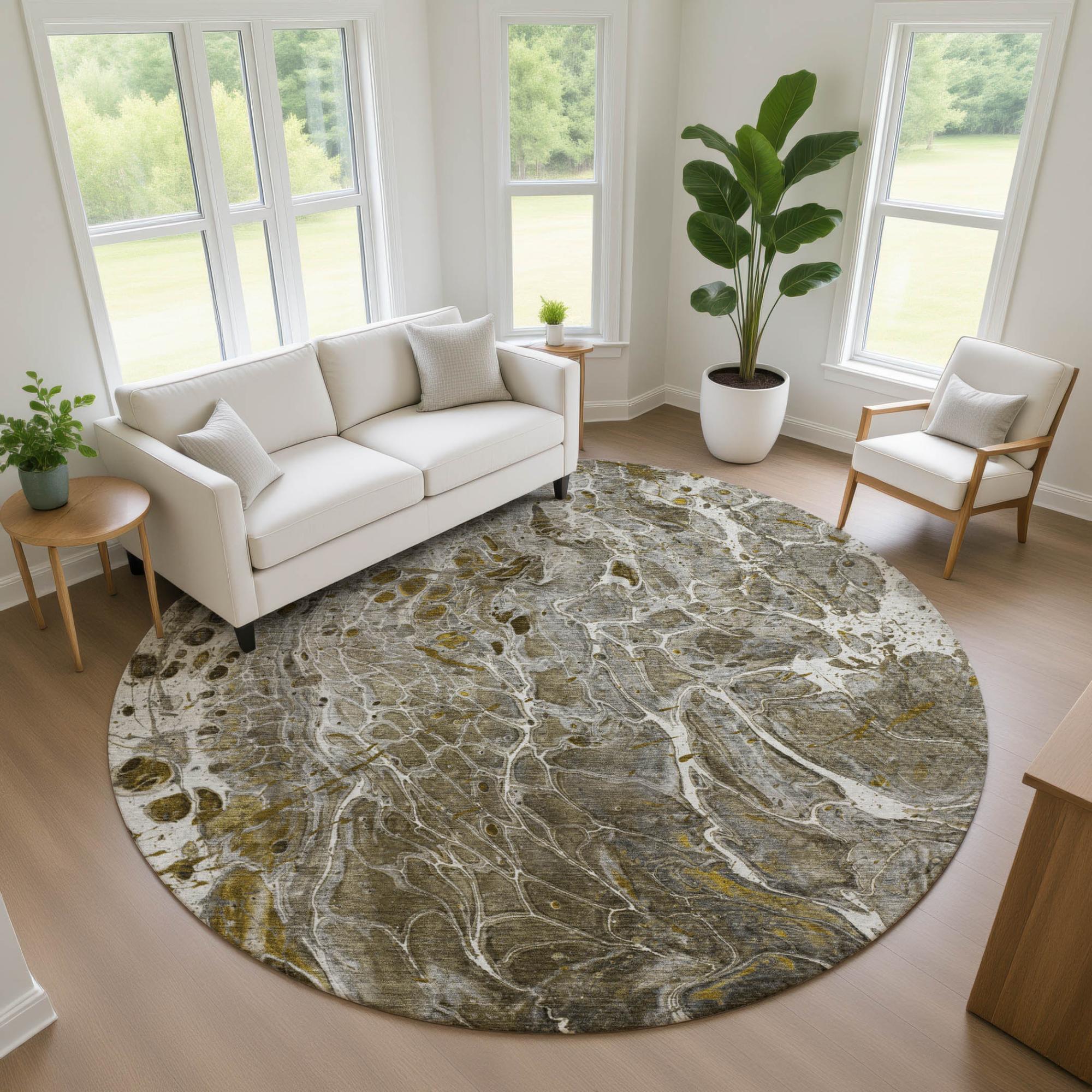 8' Pewter And Gray Round Abstract Washable Indoor Outdoor Area Rug Homeroots Outdoor