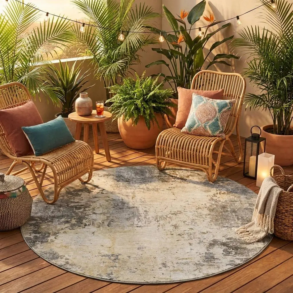 8' Pewter And Gray Round Abstract Washable Indoor Outdoor Area Rug Homeroots Outdoor
