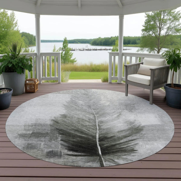 8' Pewter And Gray Round Botanical Leaves Washable Indoor Outdoor Area Rug Homeroots Outdoor