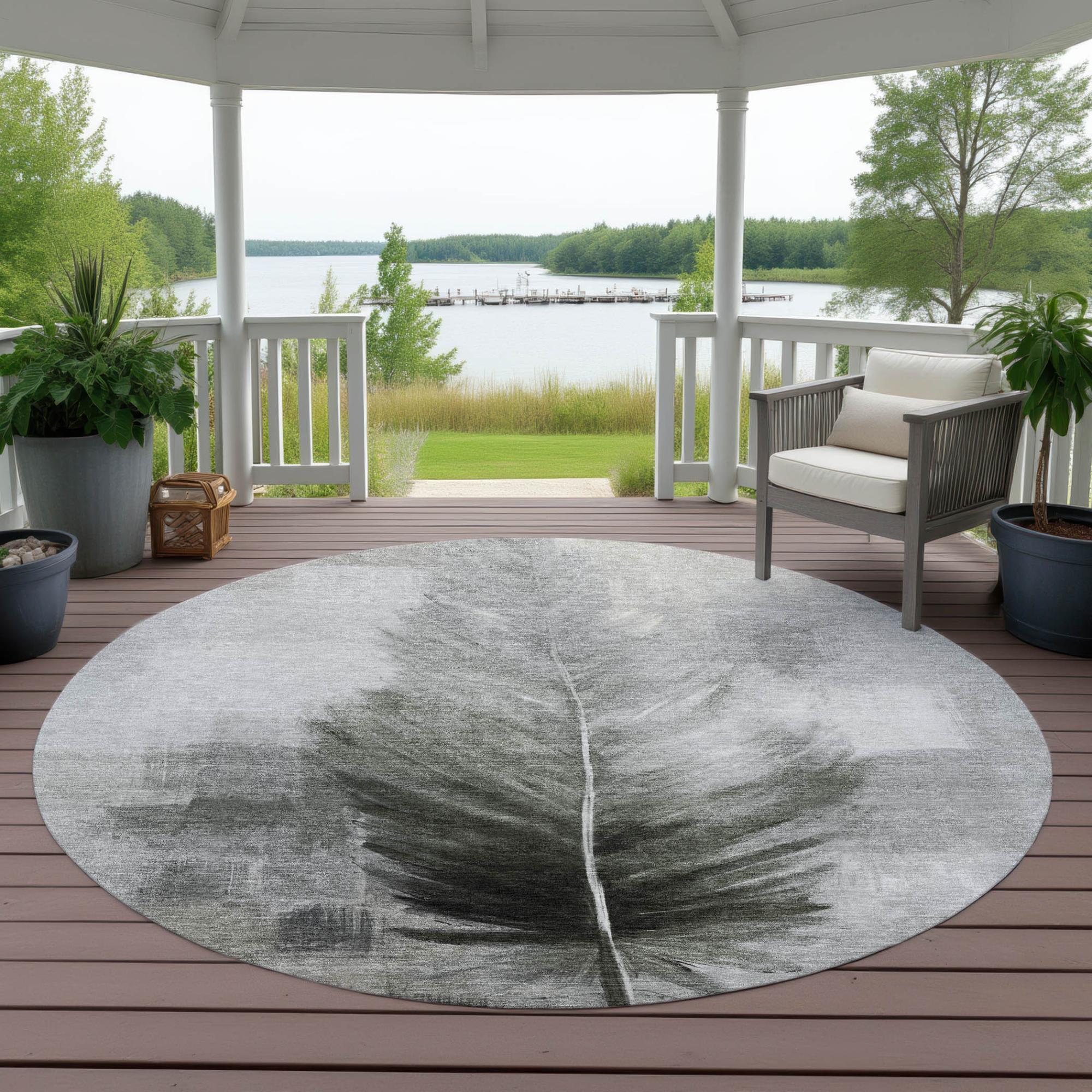 8' Pewter And Gray Round Botanical Leaves Washable Indoor Outdoor Area Rug Homeroots Outdoor