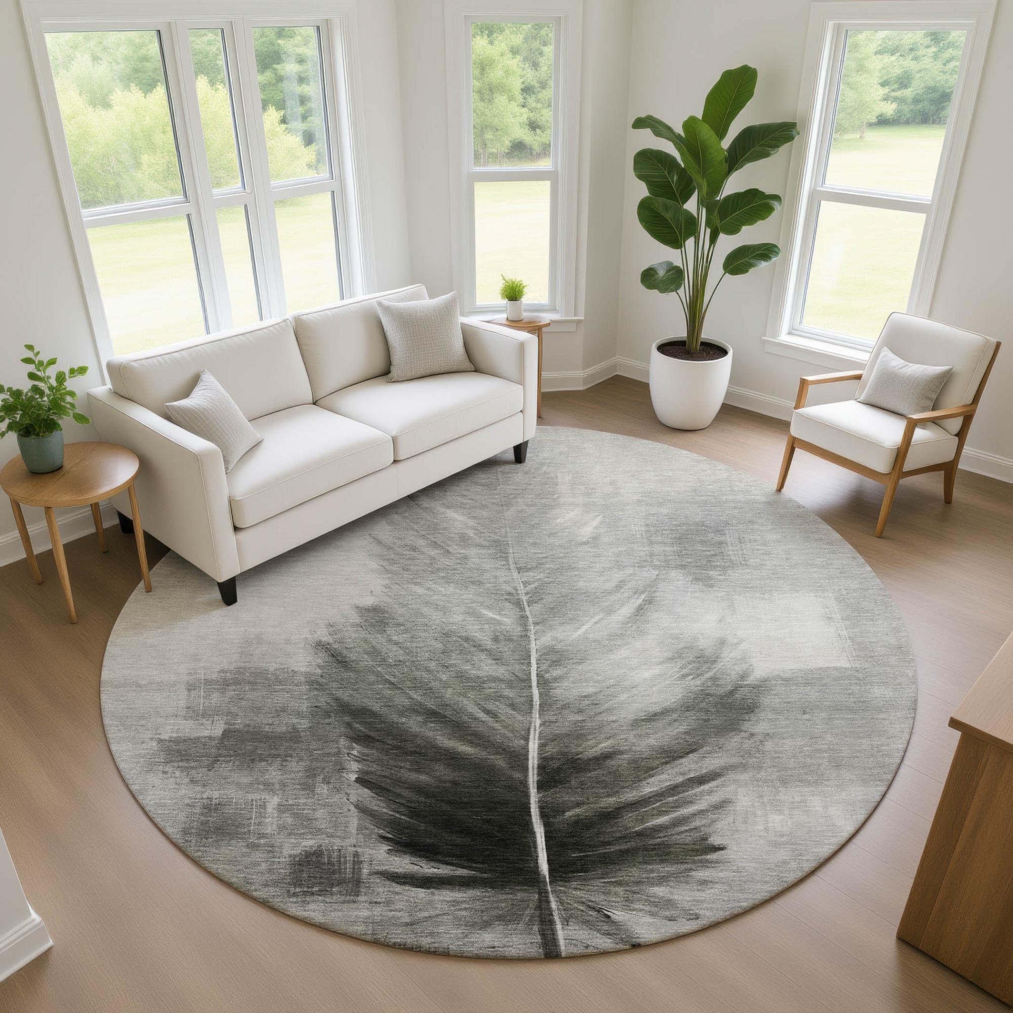 8' Pewter And Gray Round Botanical Leaves Washable Indoor Outdoor Area Rug Homeroots Outdoor