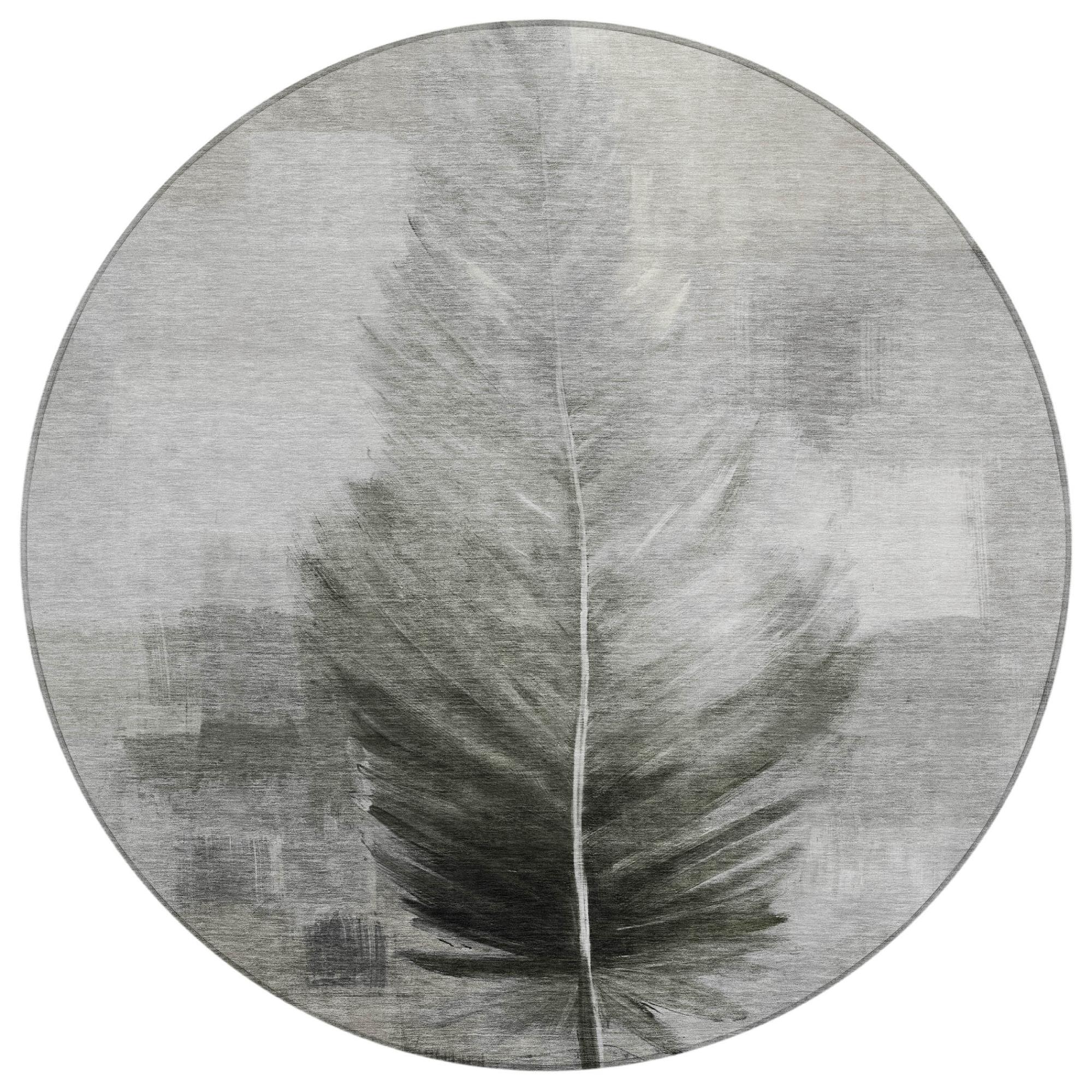 8' Pewter And Gray Round Botanical Leaves Washable Indoor Outdoor Area Rug Homeroots Outdoor