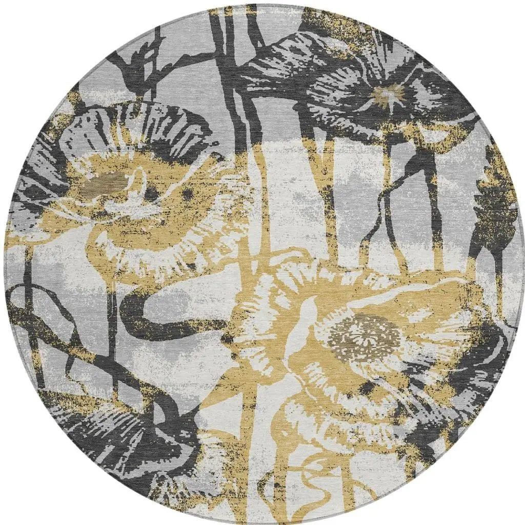 8' Pewter And Gray Round Floral Washable Indoor Outdoor Area Rug Homeroots Outdoor