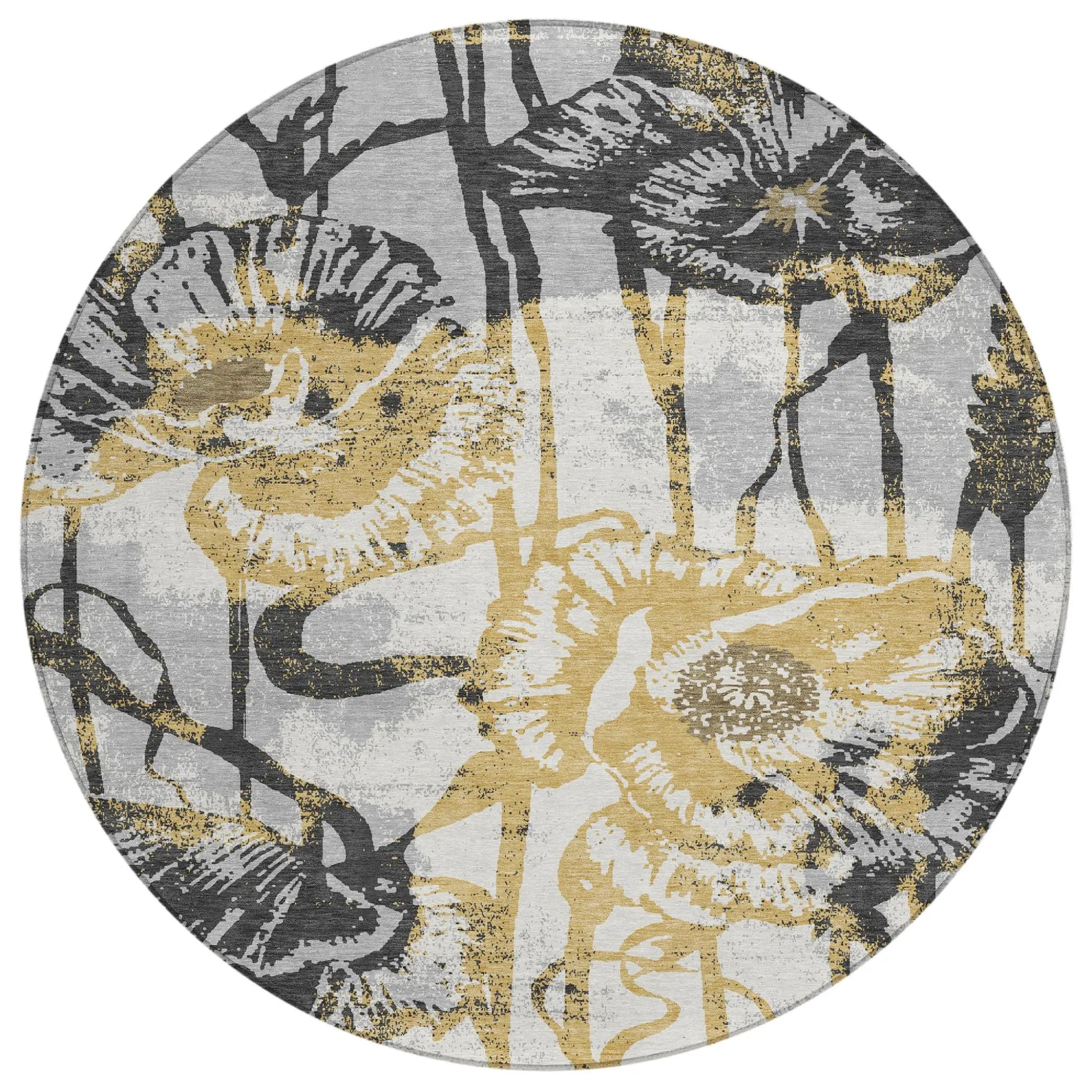 8' Pewter And Gray Round Floral Washable Indoor Outdoor Area Rug Homeroots Outdoor