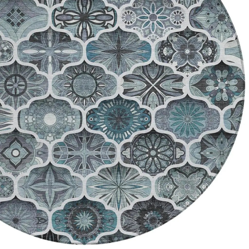 8' Pewter And Gray Round Ogee Washable Indoor Outdoor Area Rug Homeroots Outdoor