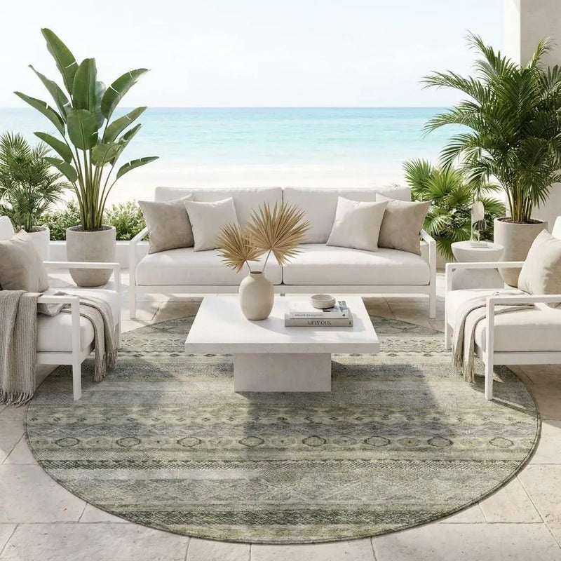 8' Pewter And Gray Round Striped Washable Indoor Outdoor Area Rug Homeroots Outdoor