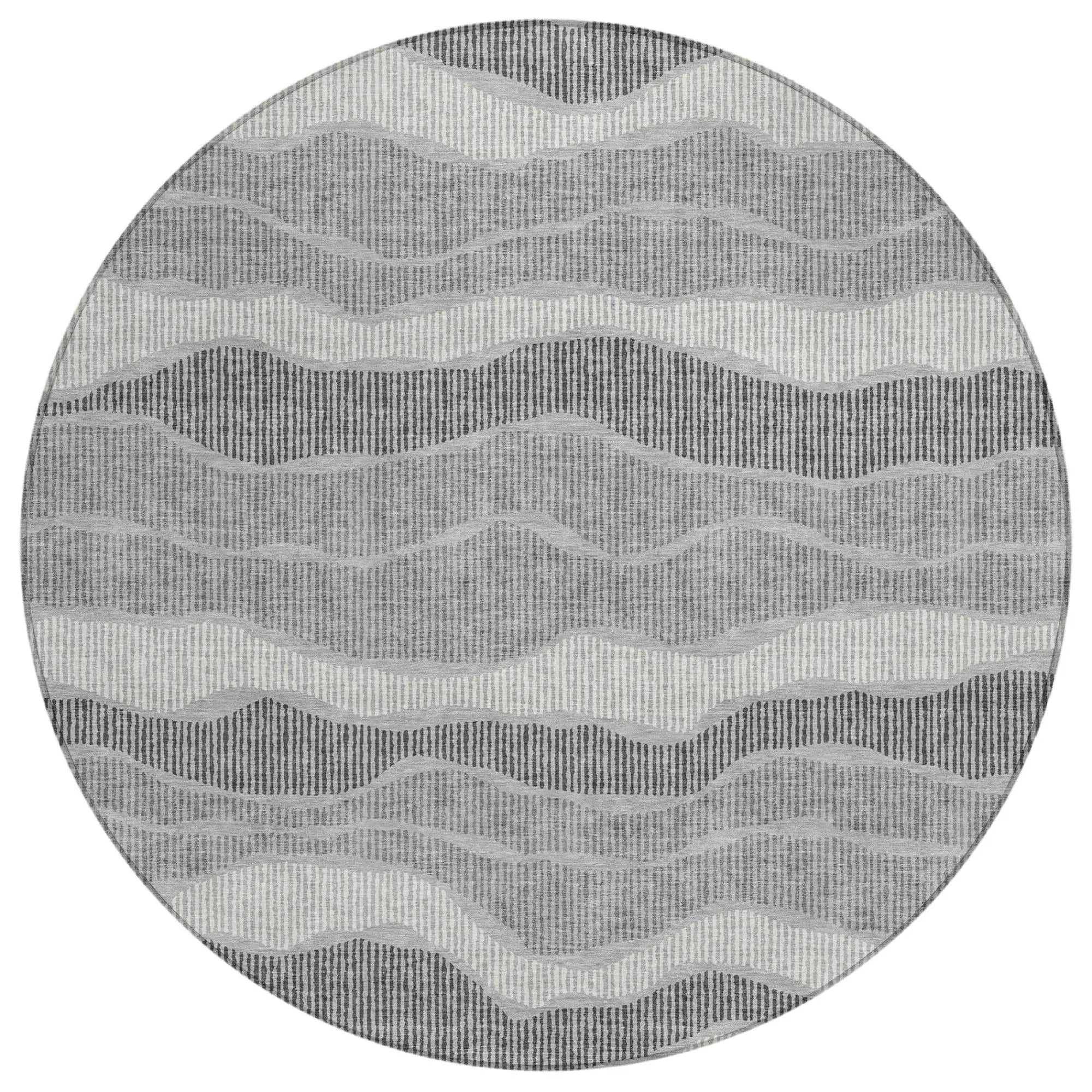 8' Pewter And Gray Round Striped Washable Indoor Outdoor Area Rug Homeroots Outdoor