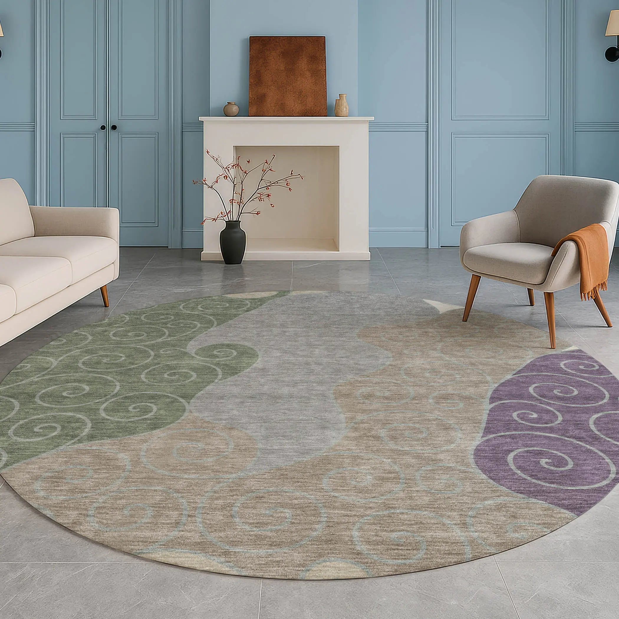 8' Pewter And Taupe Round Abstract Washable Indoor Outdoor Area Rug Homeroots Outdoor