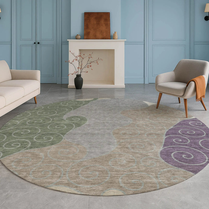 8' Pewter And Taupe Round Abstract Washable Indoor Outdoor Area Rug Homeroots Outdoor