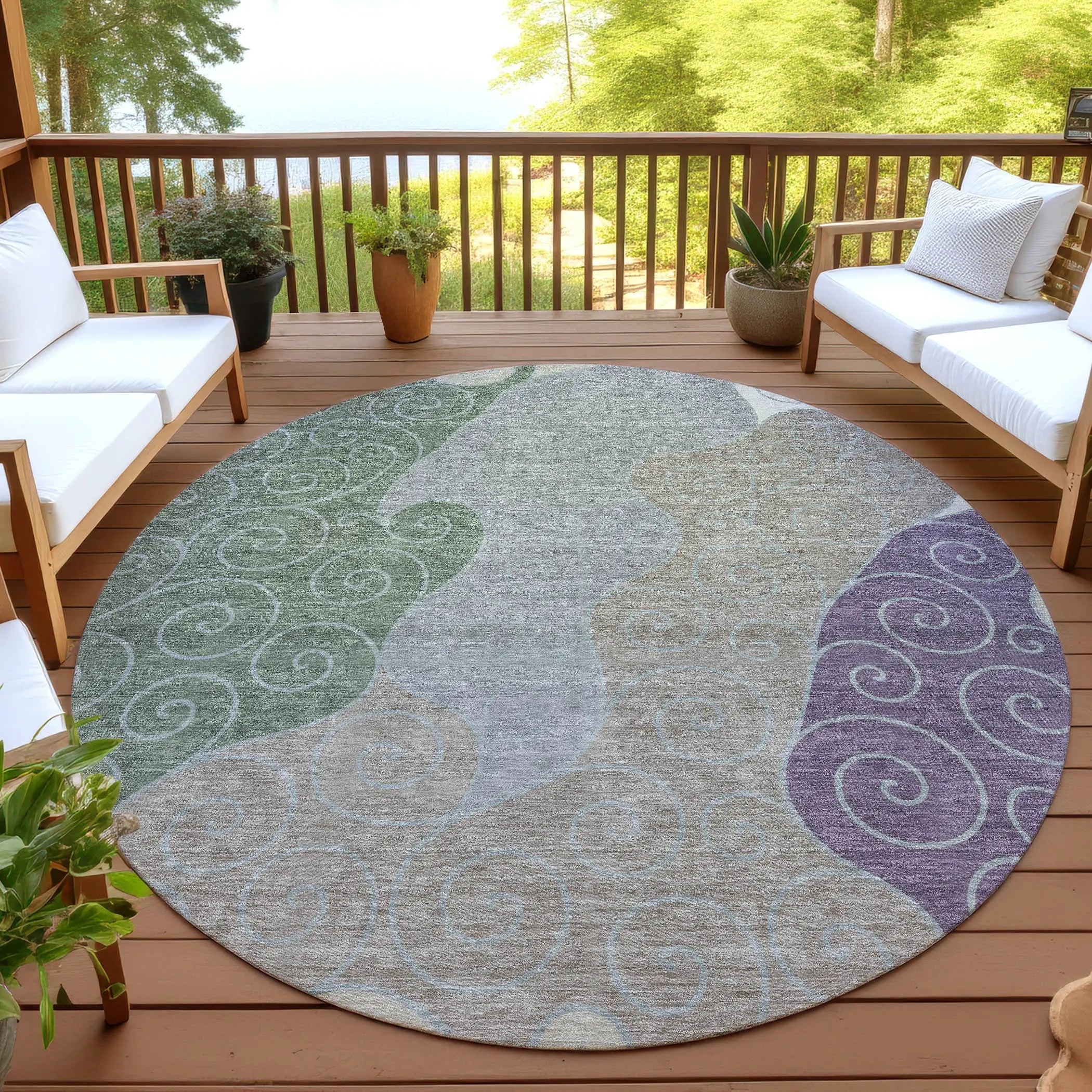 8' Pewter And Taupe Round Abstract Washable Indoor Outdoor Area Rug Homeroots Outdoor