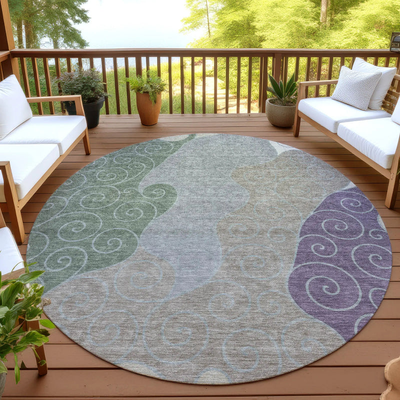 8' Pewter And Taupe Round Abstract Washable Indoor Outdoor Area Rug Homeroots Outdoor