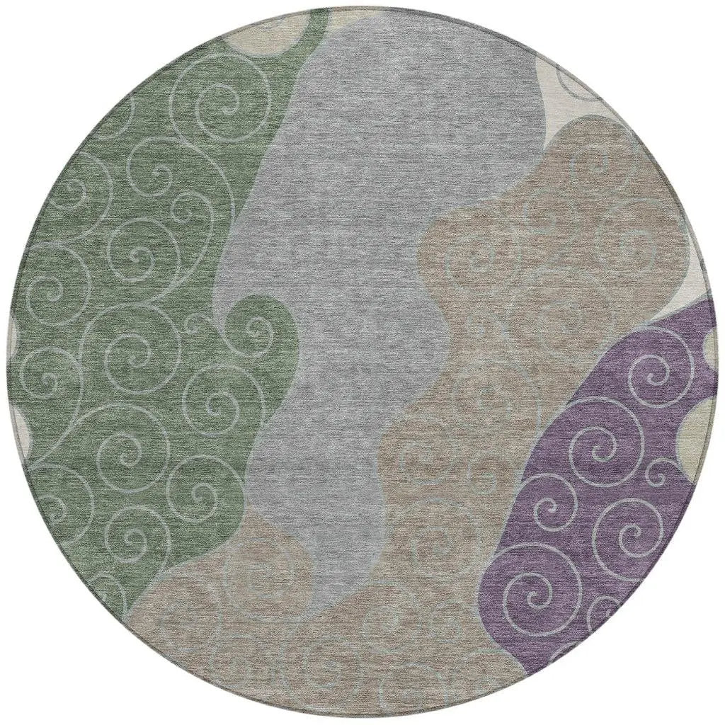8' Pewter And Taupe Round Abstract Washable Indoor Outdoor Area Rug Homeroots Outdoor