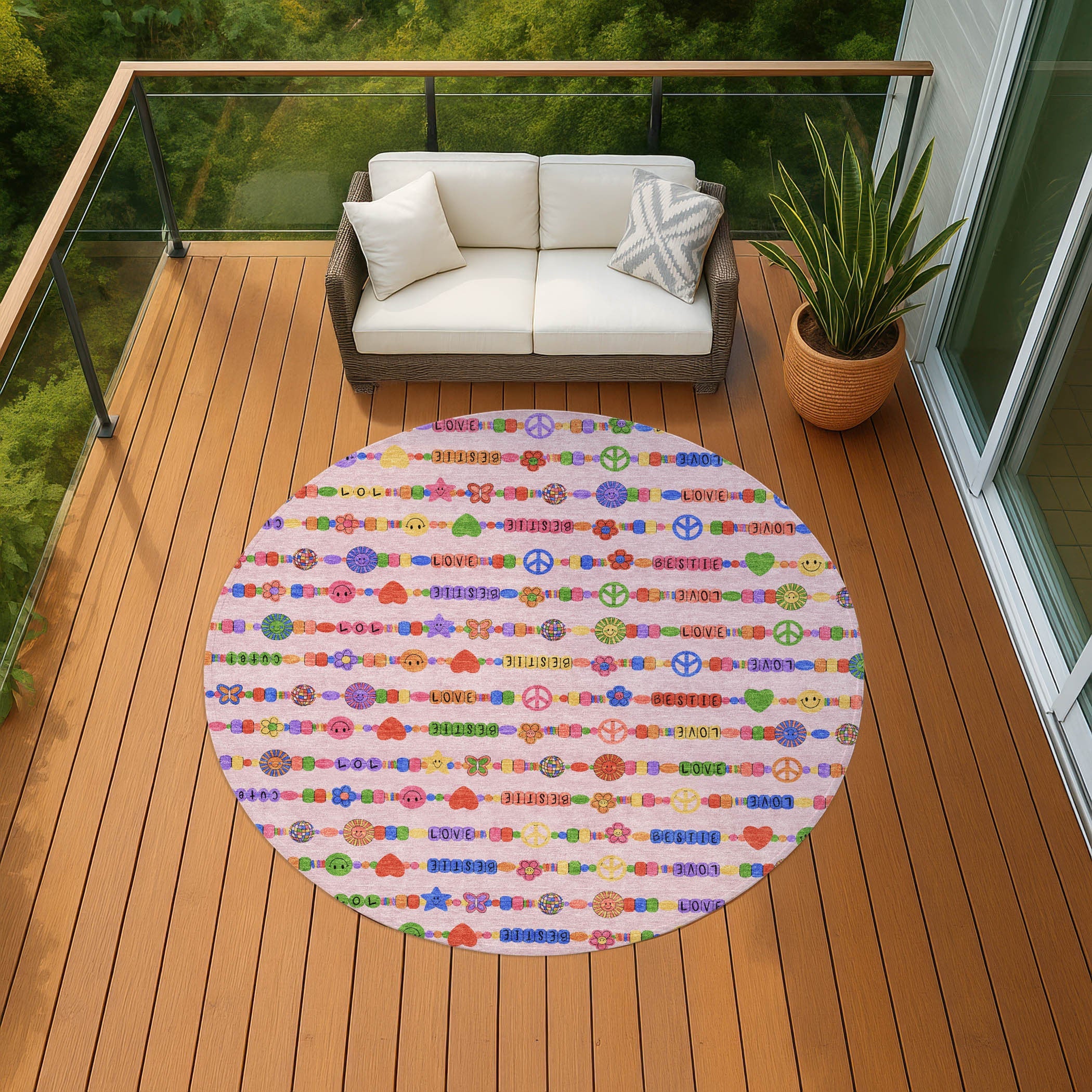 8' Pink And Fern Green Round Geometric Washable Indoor Outdoor Area Rug Homeroots Outdoor