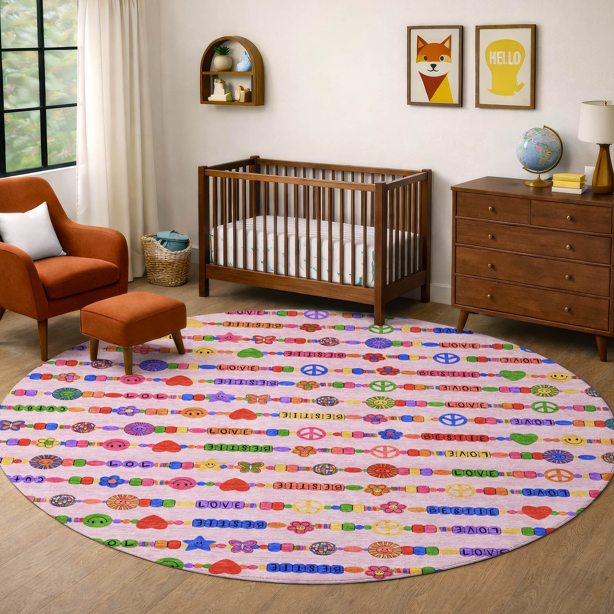 8' Pink And Fern Green Round Geometric Washable Indoor Outdoor Area Rug Homeroots Outdoor