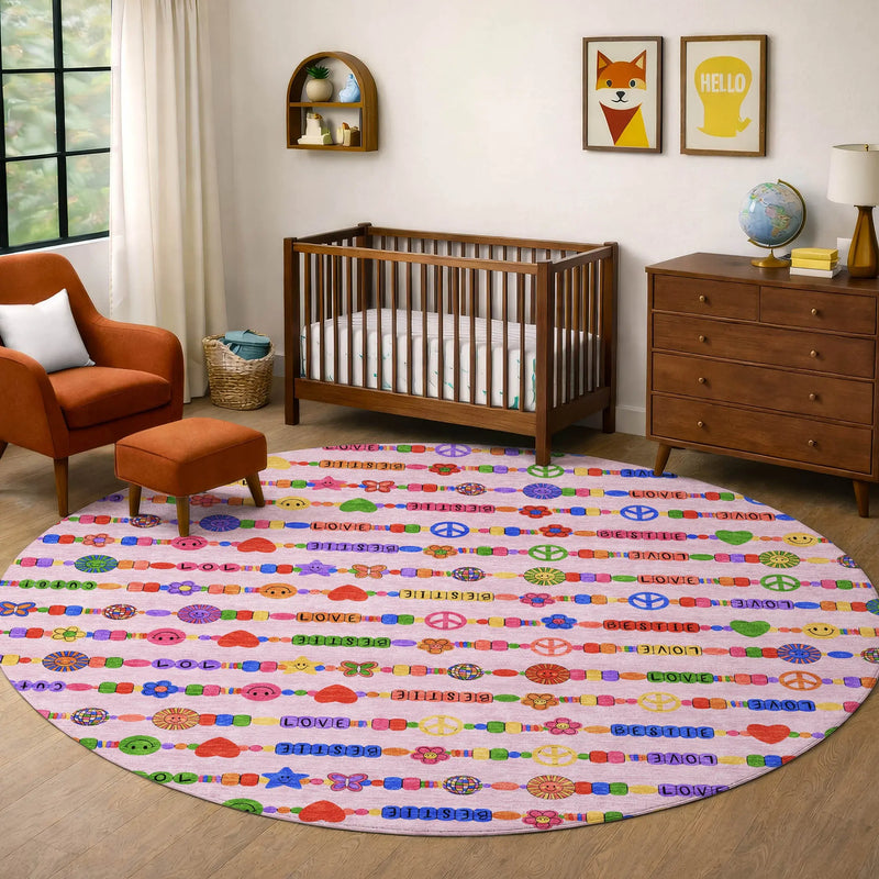 8' Pink And Fern Green Round Geometric Washable Indoor Outdoor Area Rug Homeroots Outdoor