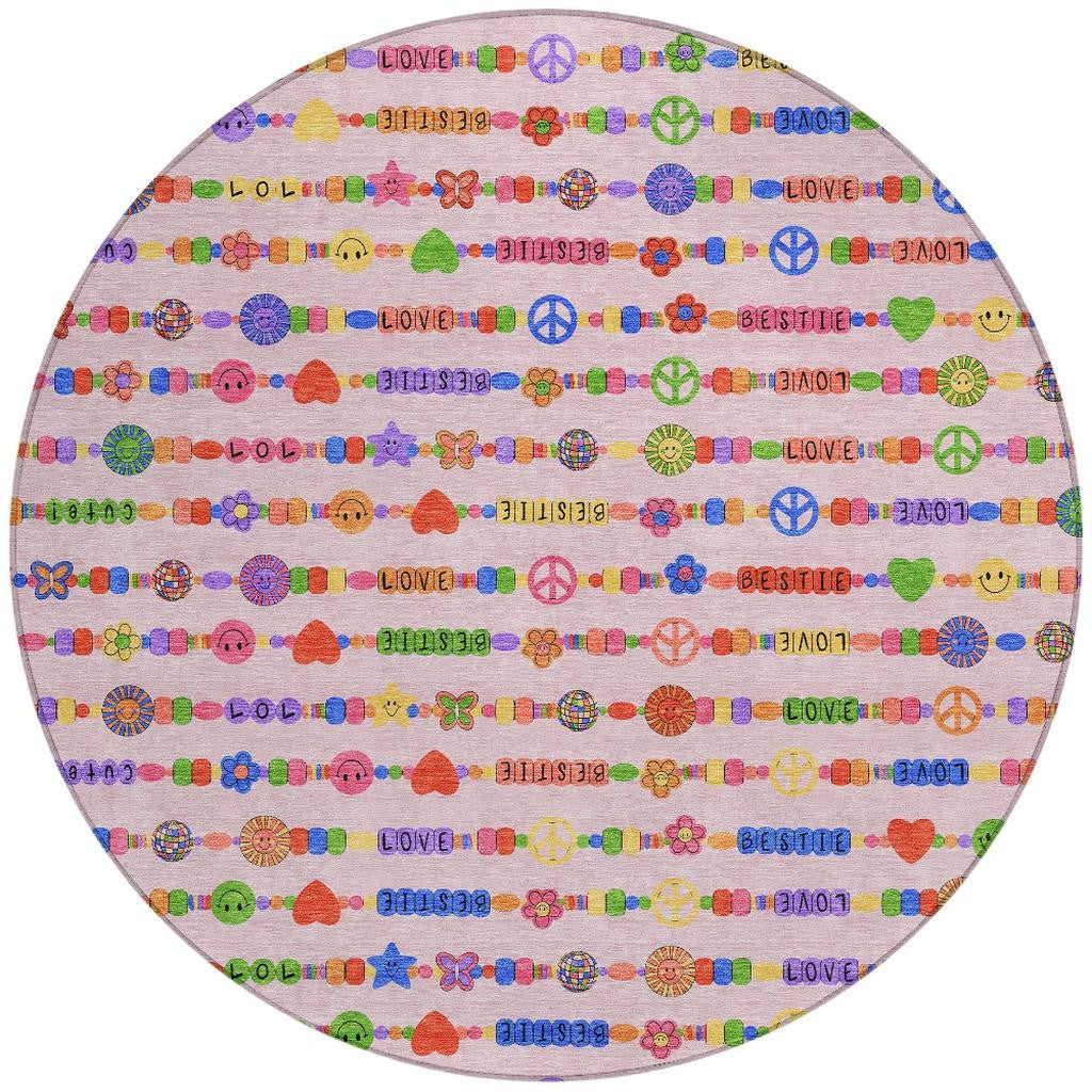 8' Pink And Fern Green Round Geometric Washable Indoor Outdoor Area Rug Homeroots Outdoor