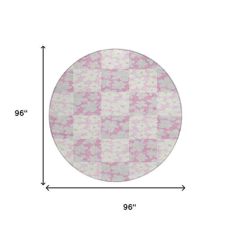 8' Pink And Gray Round Floral Washable Indoor Outdoor Area Rug Homeroots Outdoor