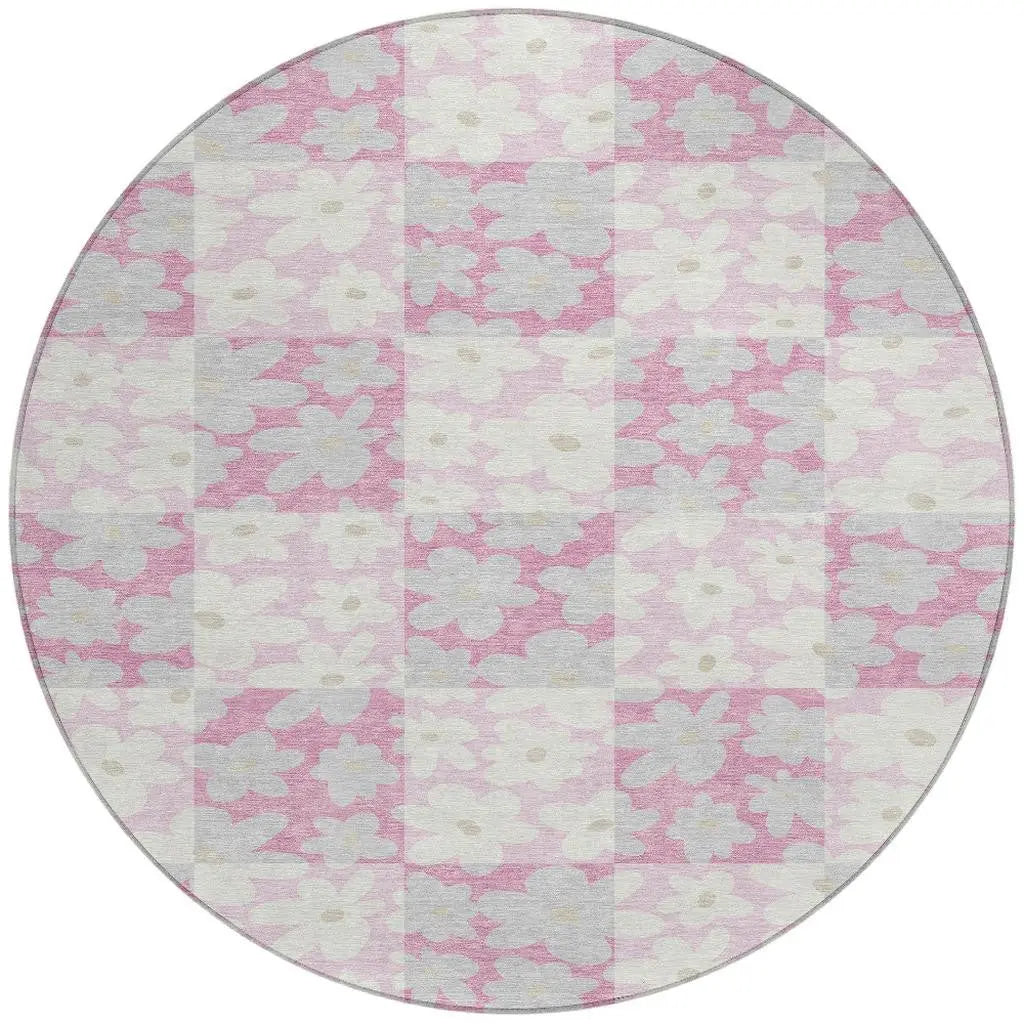 8' Pink And Gray Round Floral Washable Indoor Outdoor Area Rug Homeroots Outdoor