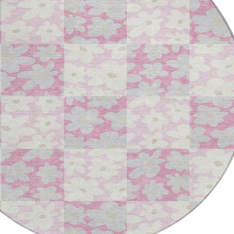 8' Pink And Gray Round Floral Washable Indoor Outdoor Area Rug Homeroots Outdoor