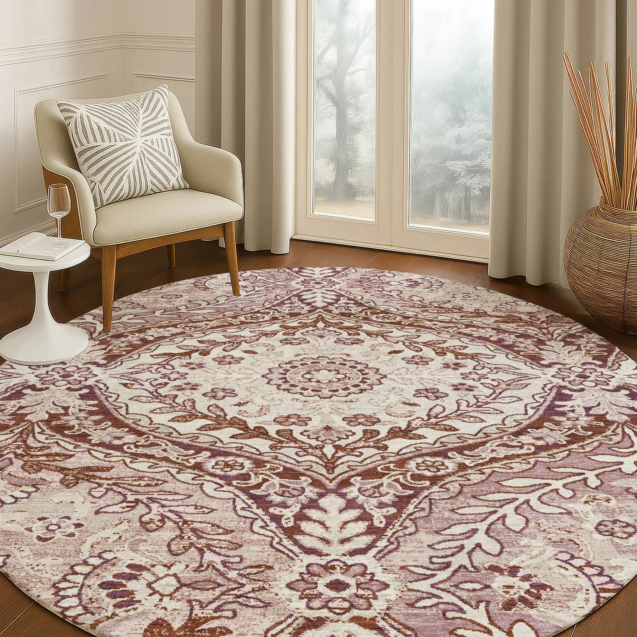 8' Pink And Green Round Ogee Washable Indoor Outdoor Area Rug Homeroots Outdoor