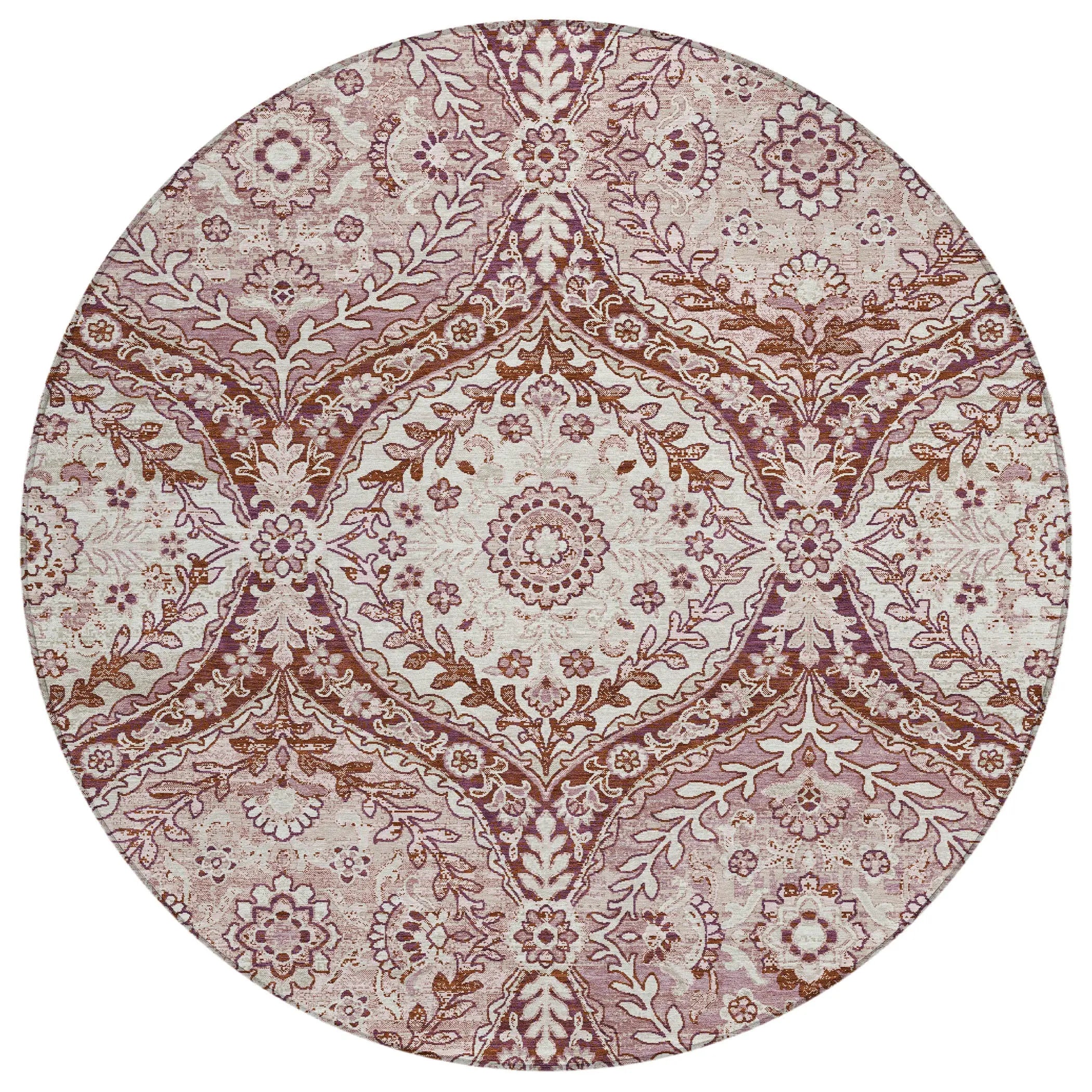8' Pink And Green Round Ogee Washable Indoor Outdoor Area Rug Homeroots Outdoor