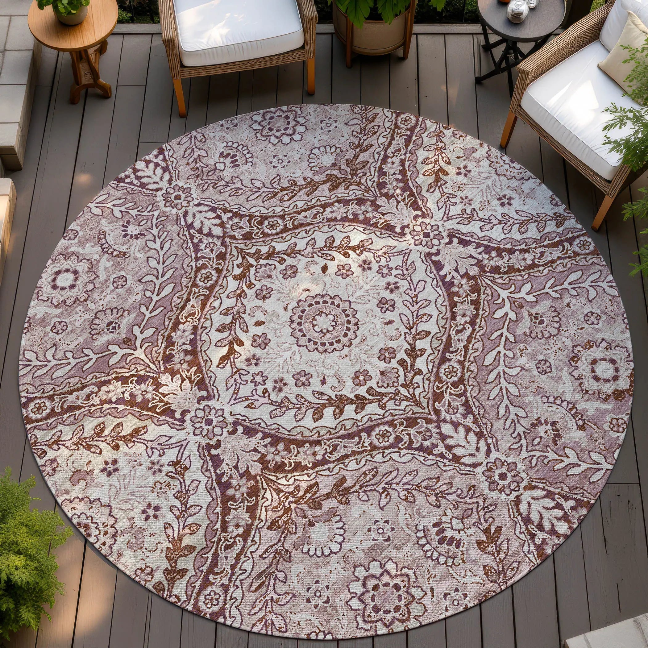 8' Pink And Green Round Ogee Washable Indoor Outdoor Area Rug Homeroots Outdoor