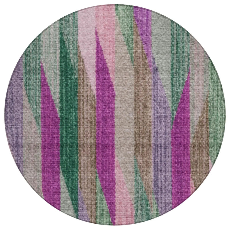 8' Pink And Green Round Striped Washable Indoor Outdoor Area Rug Homeroots Outdoor