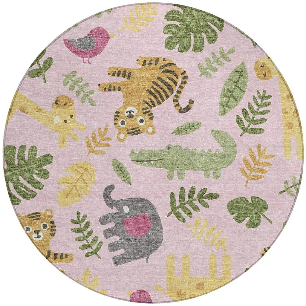 8' Pink And Ivory Round Abstract Washable Indoor Outdoor Area Rug Homeroots Outdoor