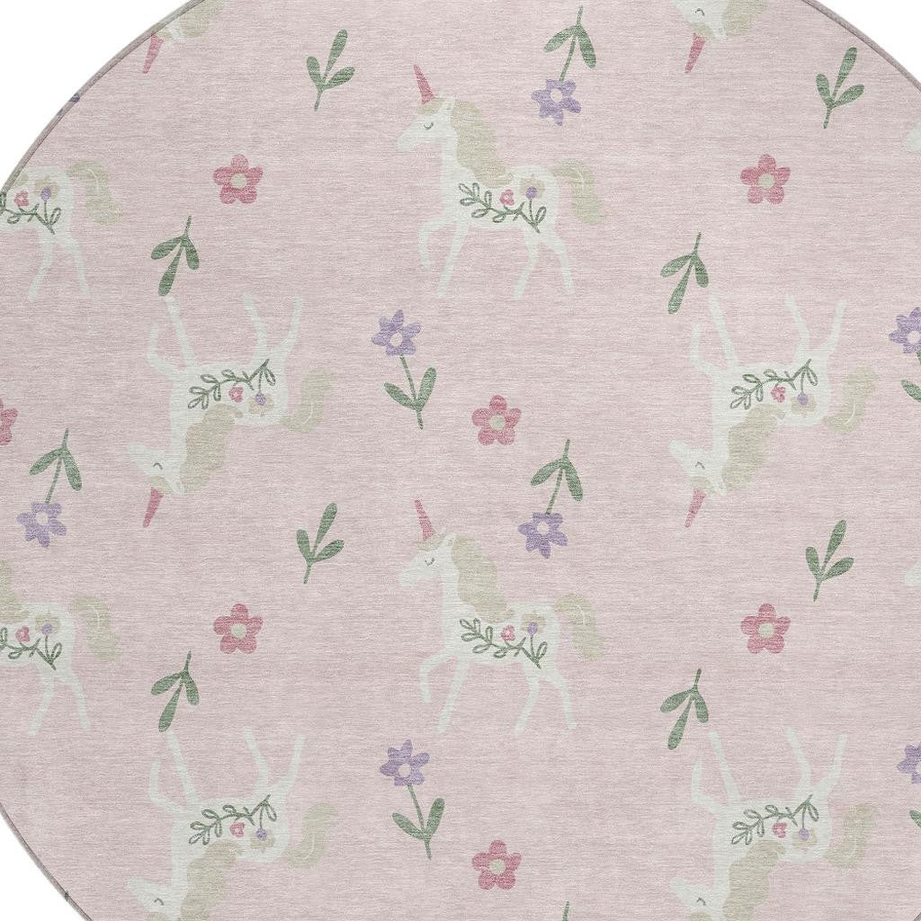 8' Pink And Ivory Round Floral Washable Indoor Outdoor Area Rug Homeroots Outdoor