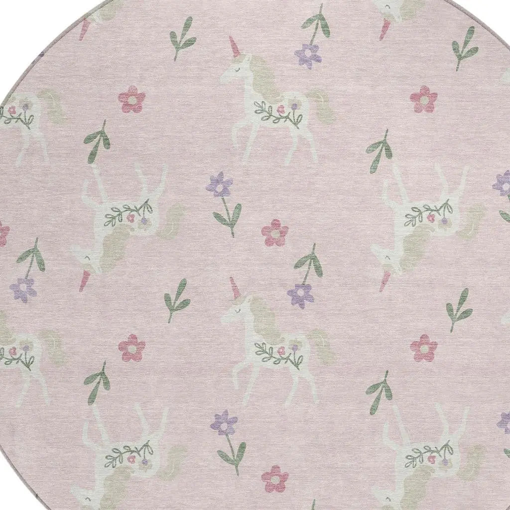8' Pink And Ivory Round Floral Washable Indoor Outdoor Area Rug Homeroots Outdoor