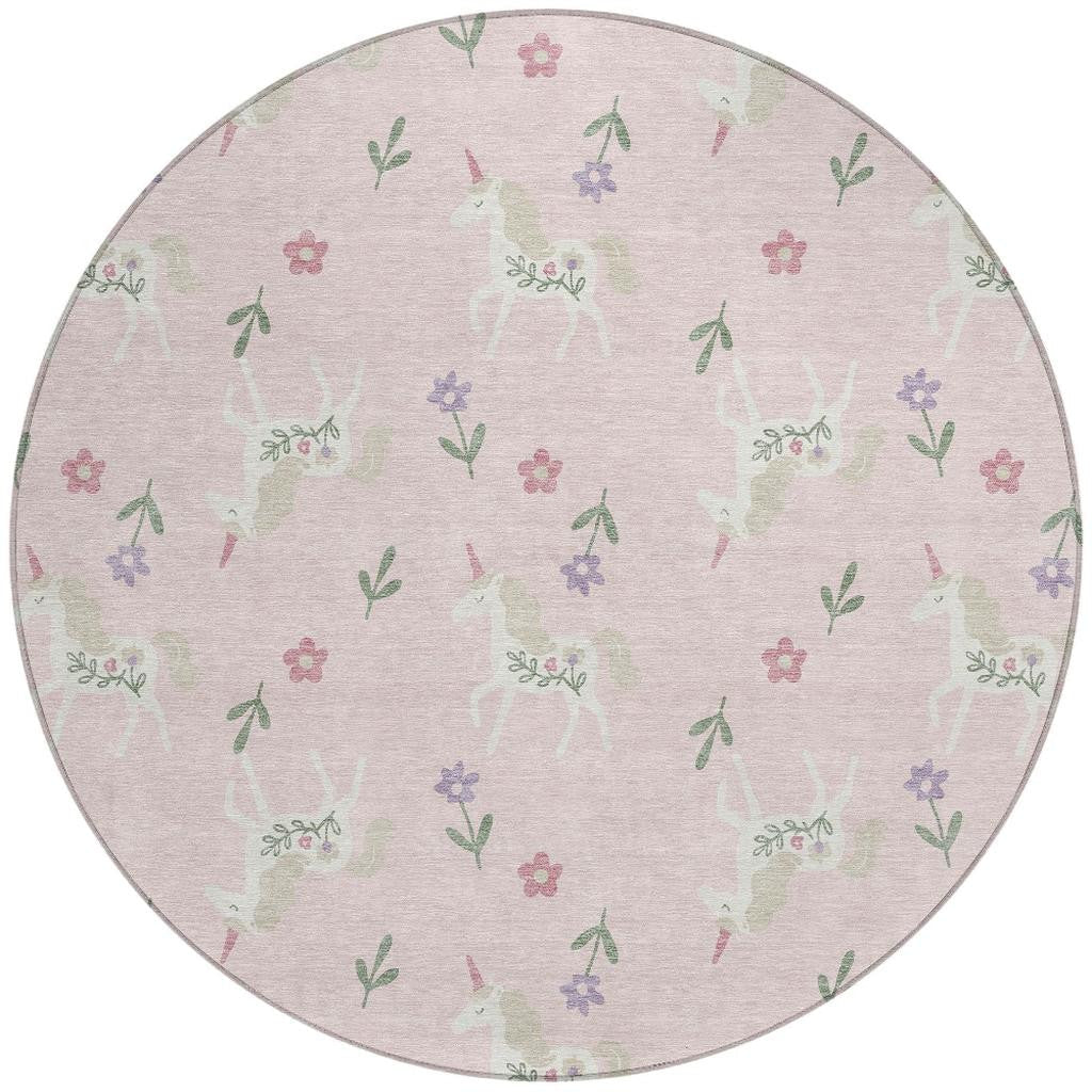 8' Pink And Ivory Round Floral Washable Indoor Outdoor Area Rug Homeroots Outdoor