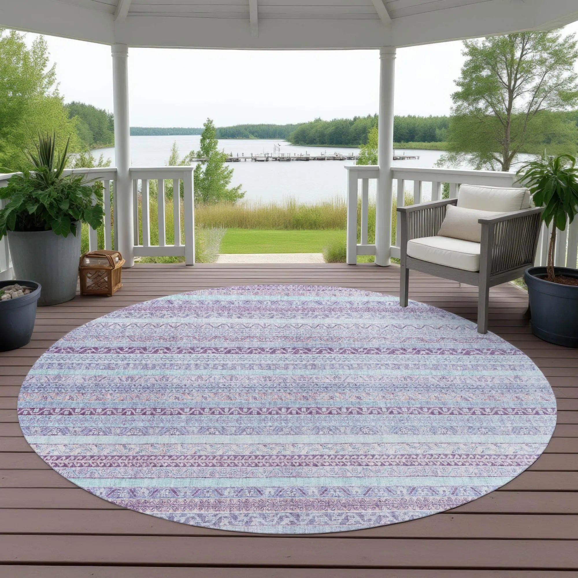 8' Pink And Lavender Round Striped Washable Indoor Outdoor Area Rug Homeroots Outdoor