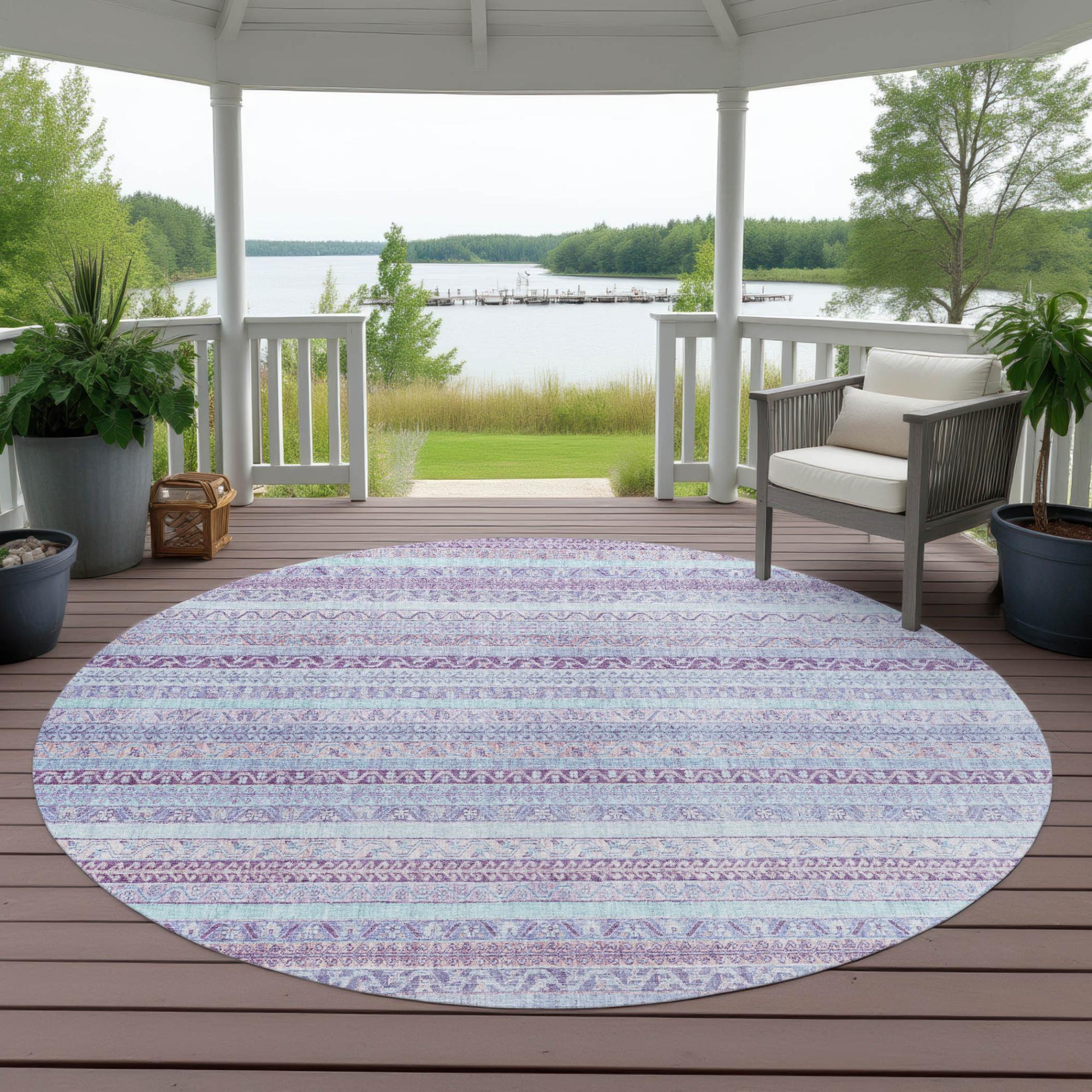 8' Pink And Lavender Round Striped Washable Indoor Outdoor Area Rug Homeroots Outdoor