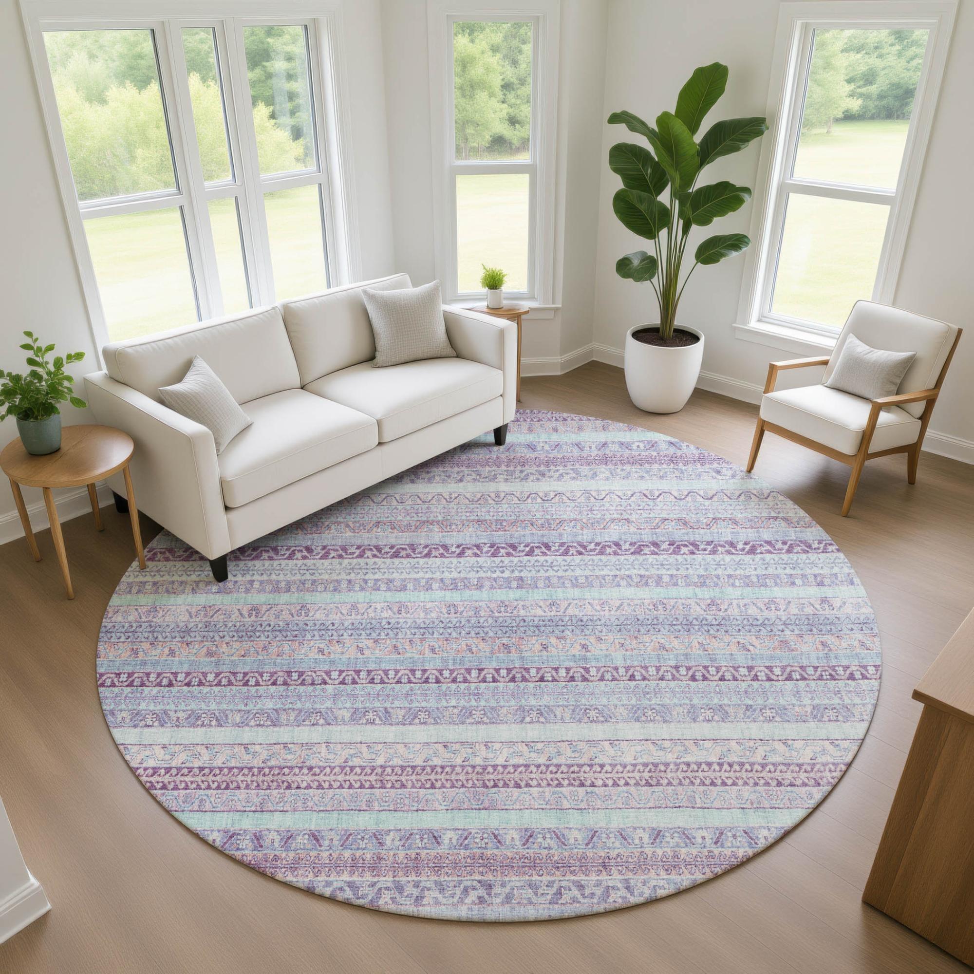 8' Pink And Lavender Round Striped Washable Indoor Outdoor Area Rug Homeroots Outdoor
