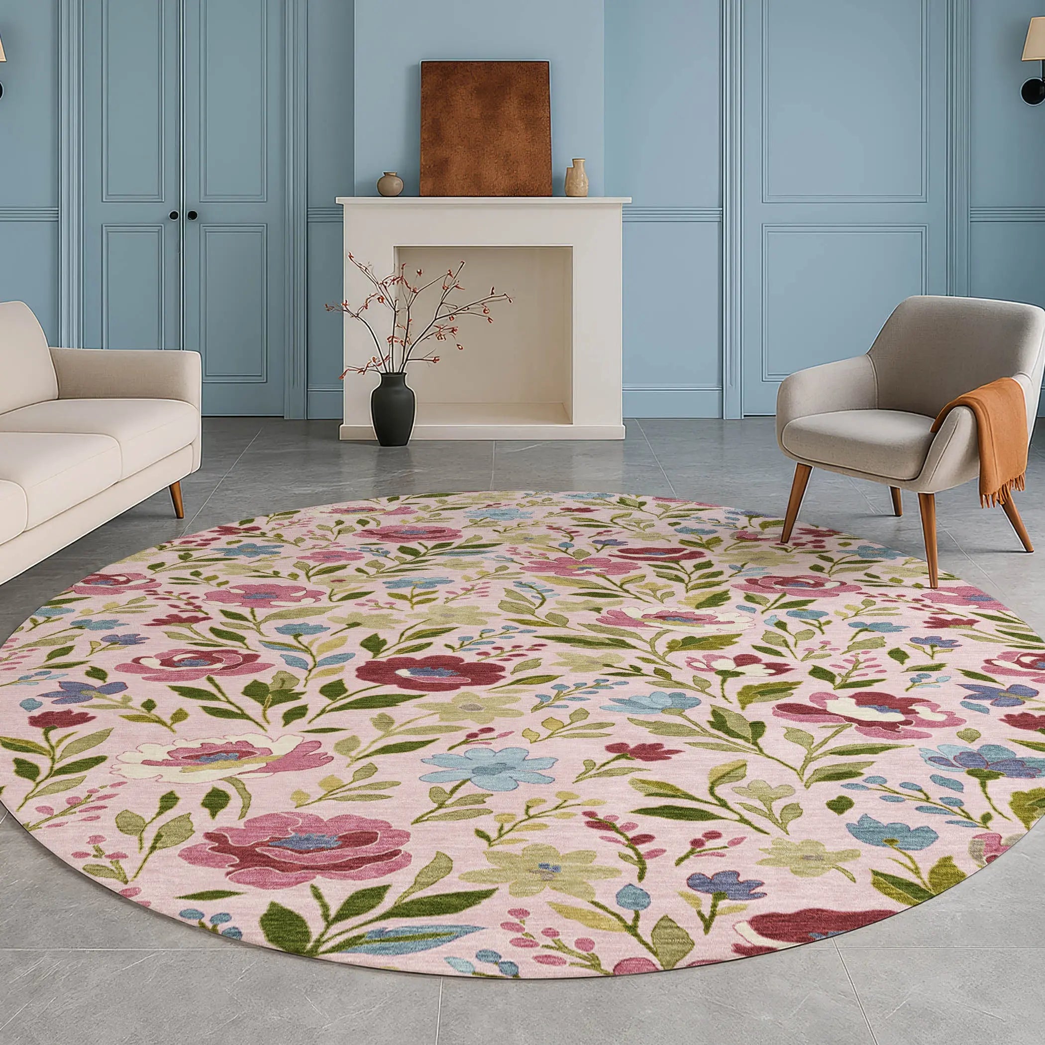 8' Pink And Linen Round Floral Washable Indoor Outdoor Area Rug Homeroots Outdoor