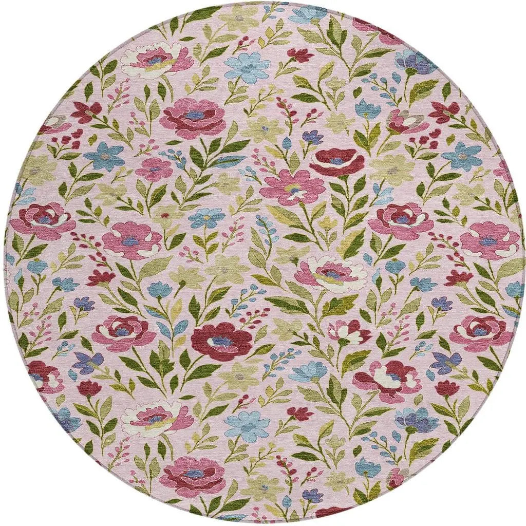 8' Pink And Linen Round Floral Washable Indoor Outdoor Area Rug Homeroots Outdoor