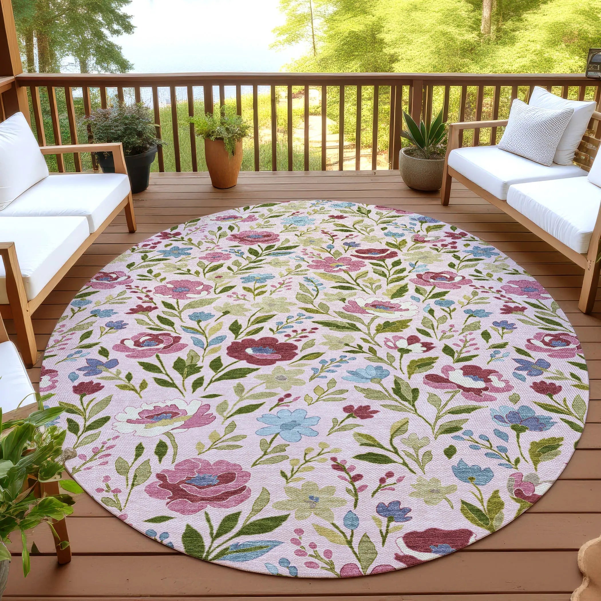 8' Pink And Linen Round Floral Washable Indoor Outdoor Area Rug Homeroots Outdoor