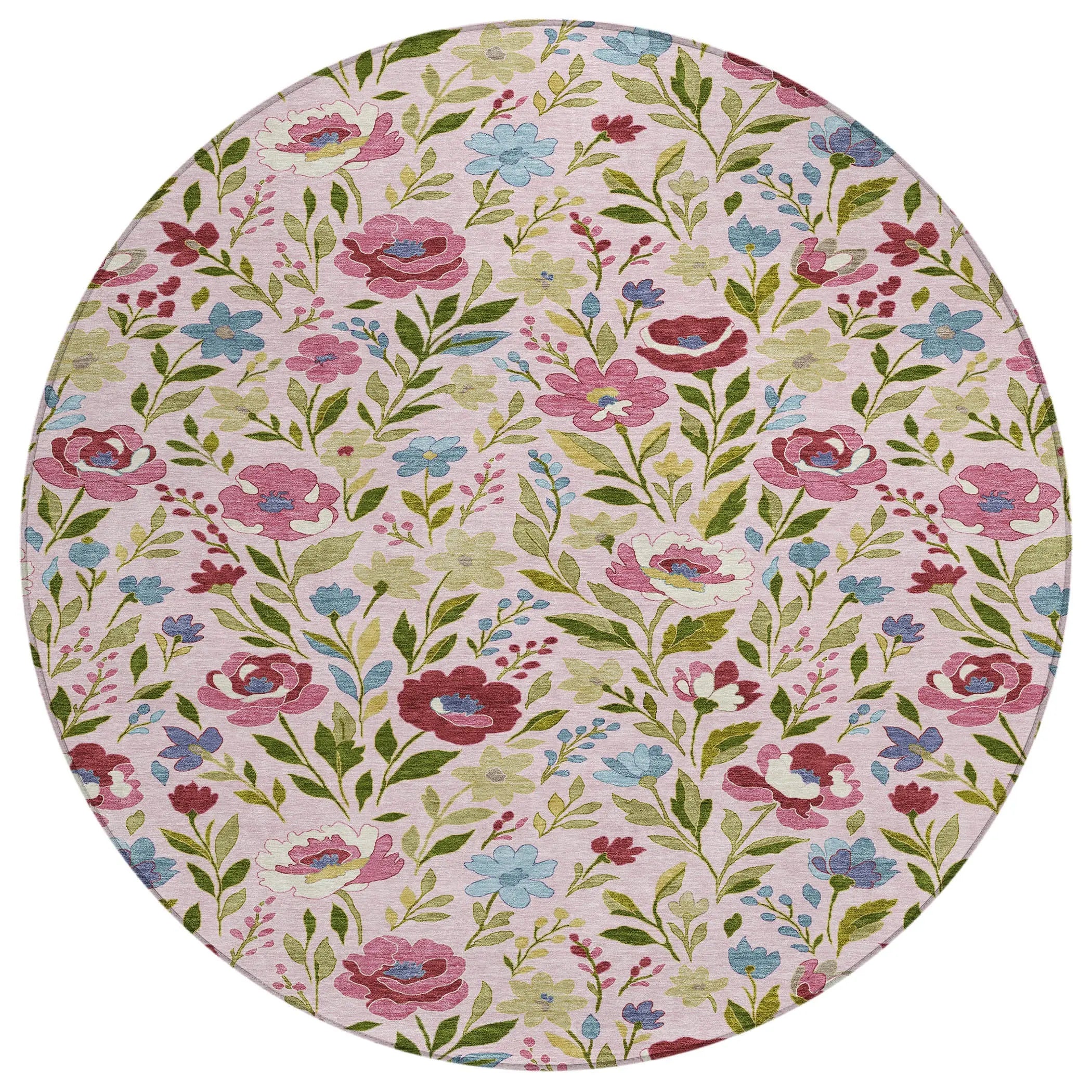 8' Pink And Linen Round Floral Washable Indoor Outdoor Area Rug Homeroots Outdoor